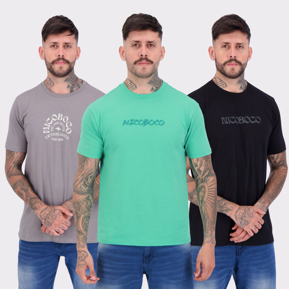 Kit 03 Camisetas Nicoboco Preta Cinza e Verde Kit 03 Camisetas Nicoboco Preta Cinza e Verde