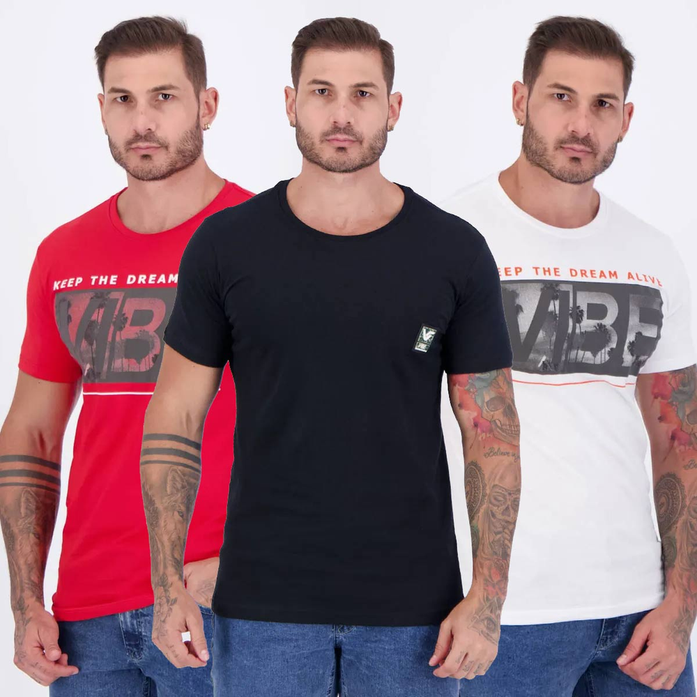 Kit 3 Camisetas Vibe Branca Preta e Vermelha Kit 3 Camisetas Vibe Branca Preta e Vermelha
