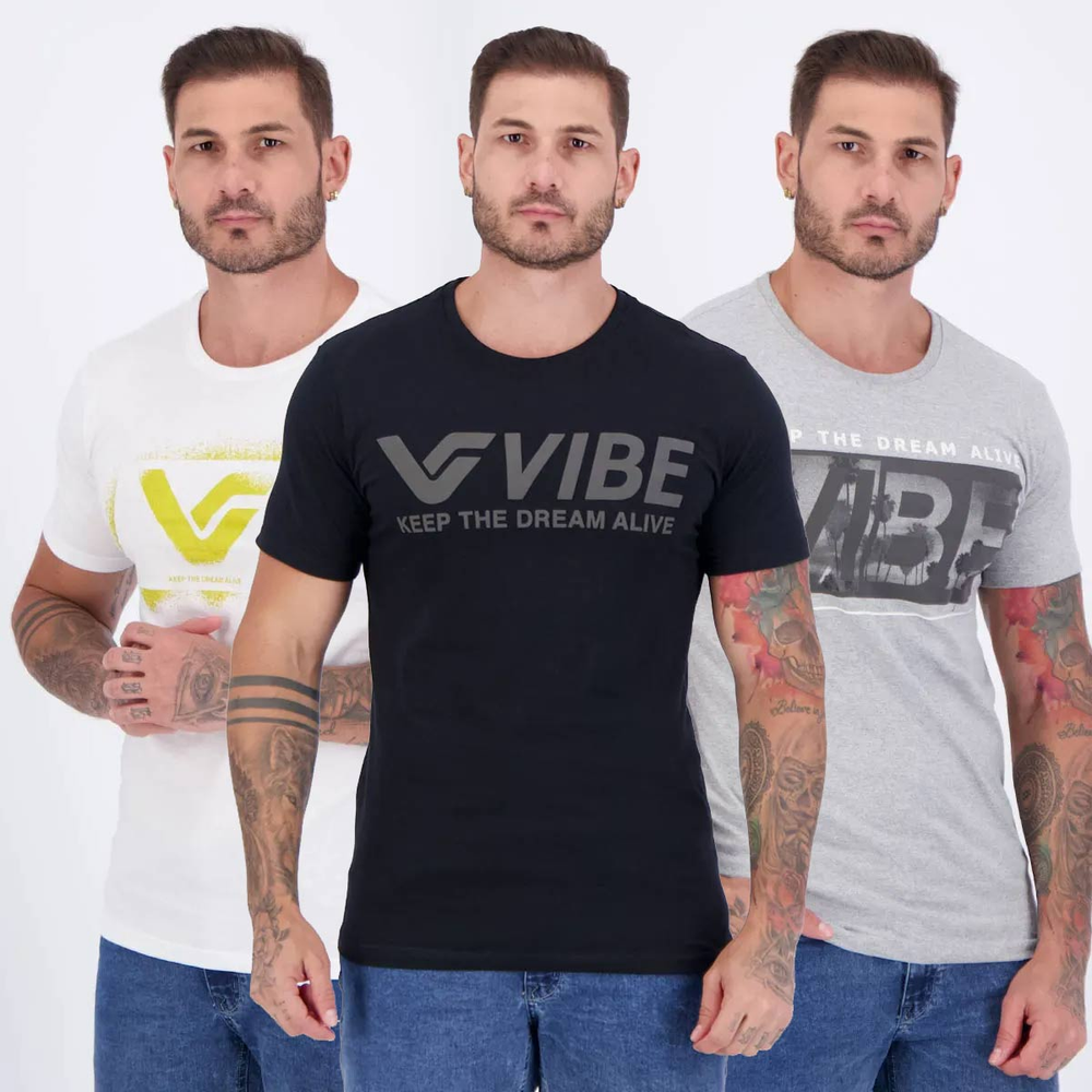 Kit 3 Camisetas Vibe Preta Cinza e Branca Kit 3 Camisetas Vibe Preta Cinza e Branca