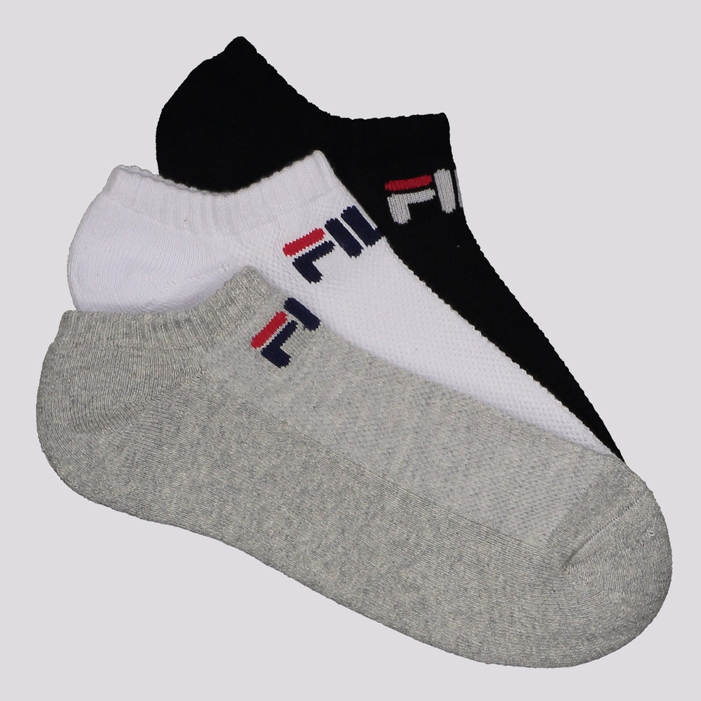 Kit Meia Fila Light 3 Pares Cano Curto Cinza Branca e Preta Kit Meia Fila Light 3 Pares Cano Curto Cinza Branca e Preta