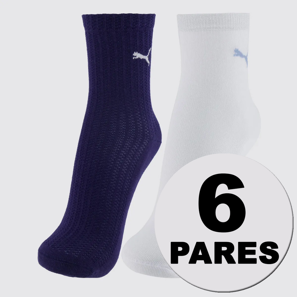 Kit Meia Puma Cano Médio 6 Pares Feminina Branca e Marinho