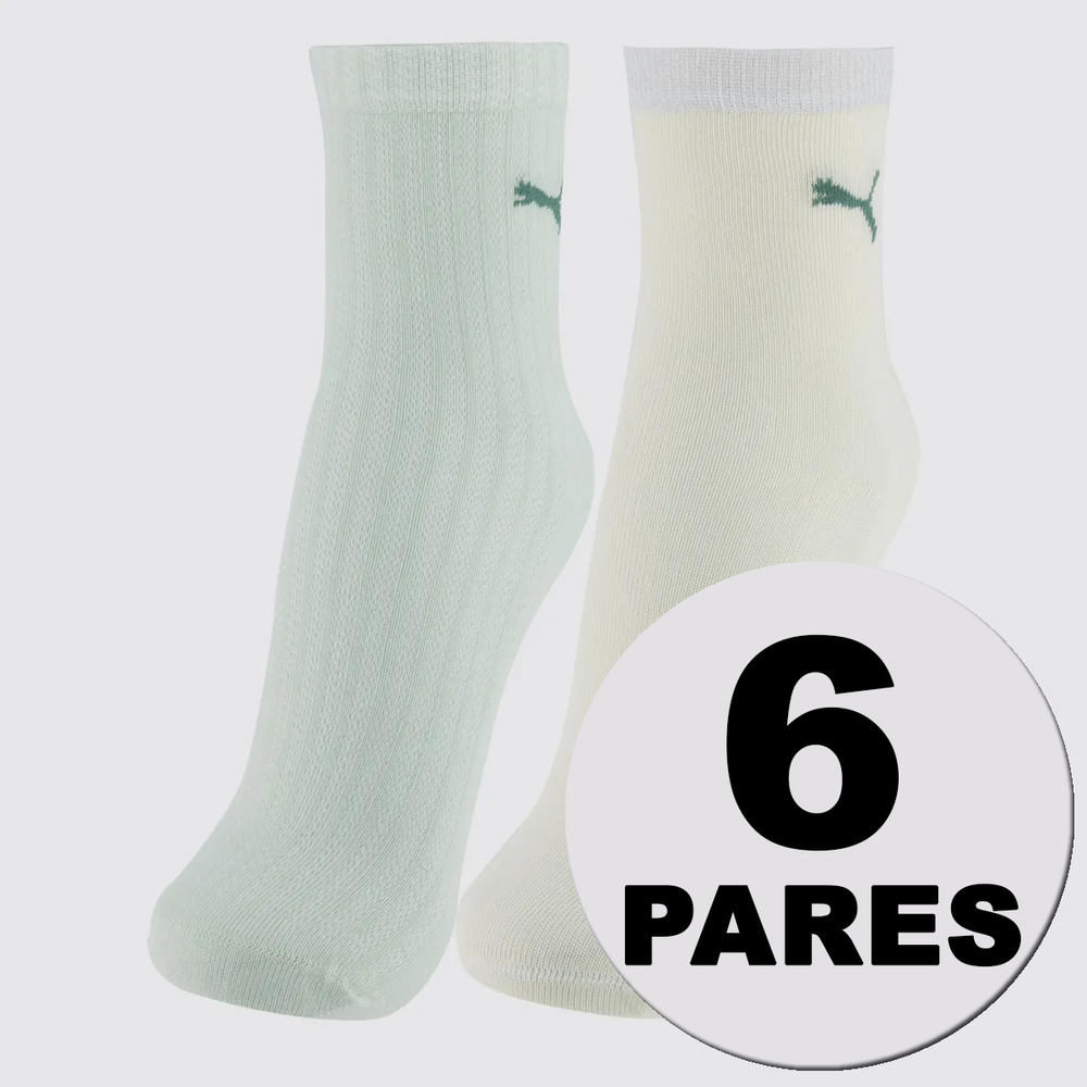 Kit Meia Puma Cano Médio 6 Pares Feminina Verde e Off White