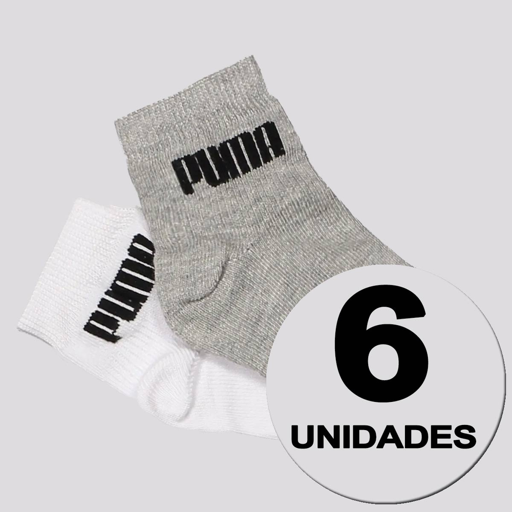 Kit Meia Puma Cano Médio 6 Pares Infantil Cinza e Branca