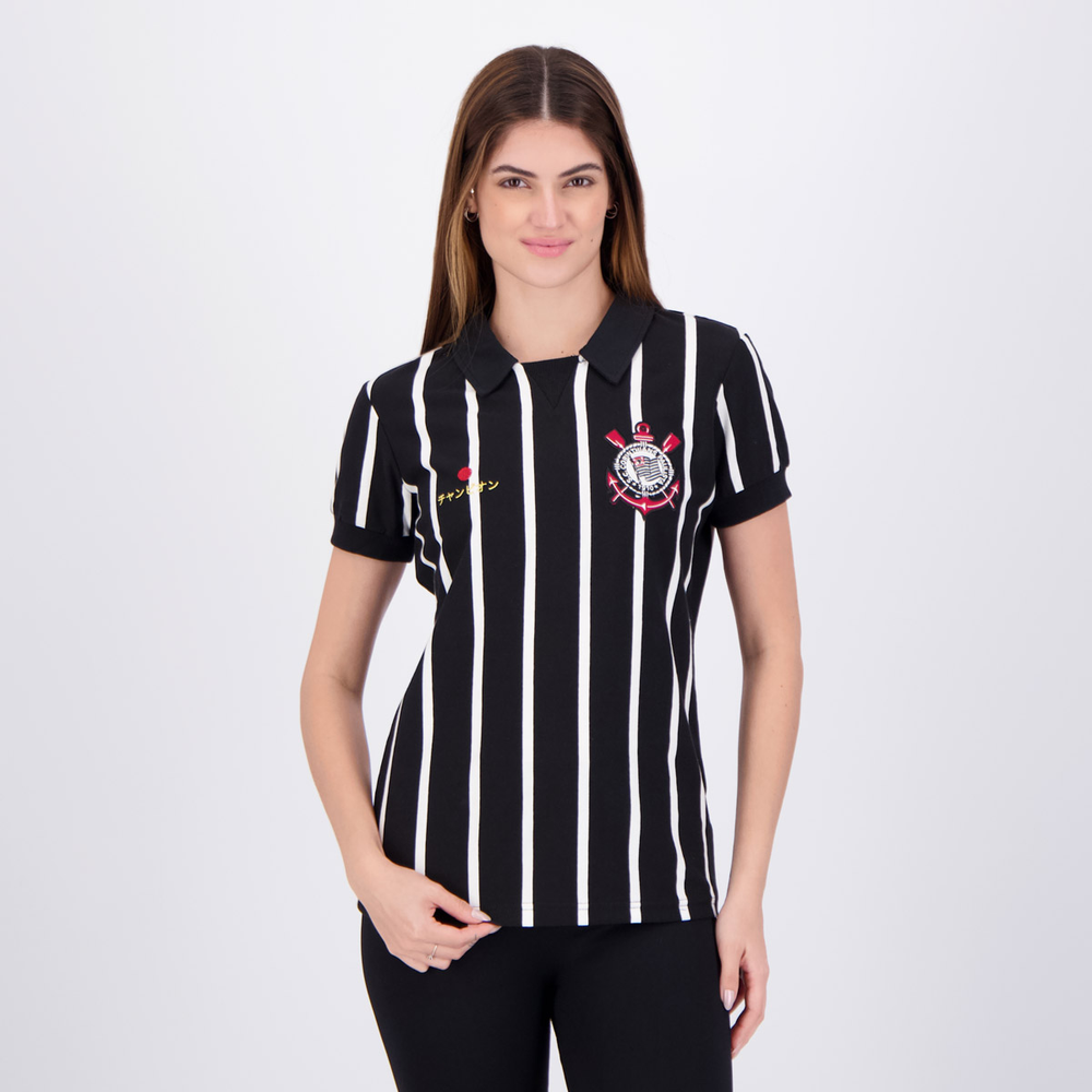 Polo Corinthians Retrô Japão Feminina Preta Polo Corinthians Retrô Japão Feminina Preta