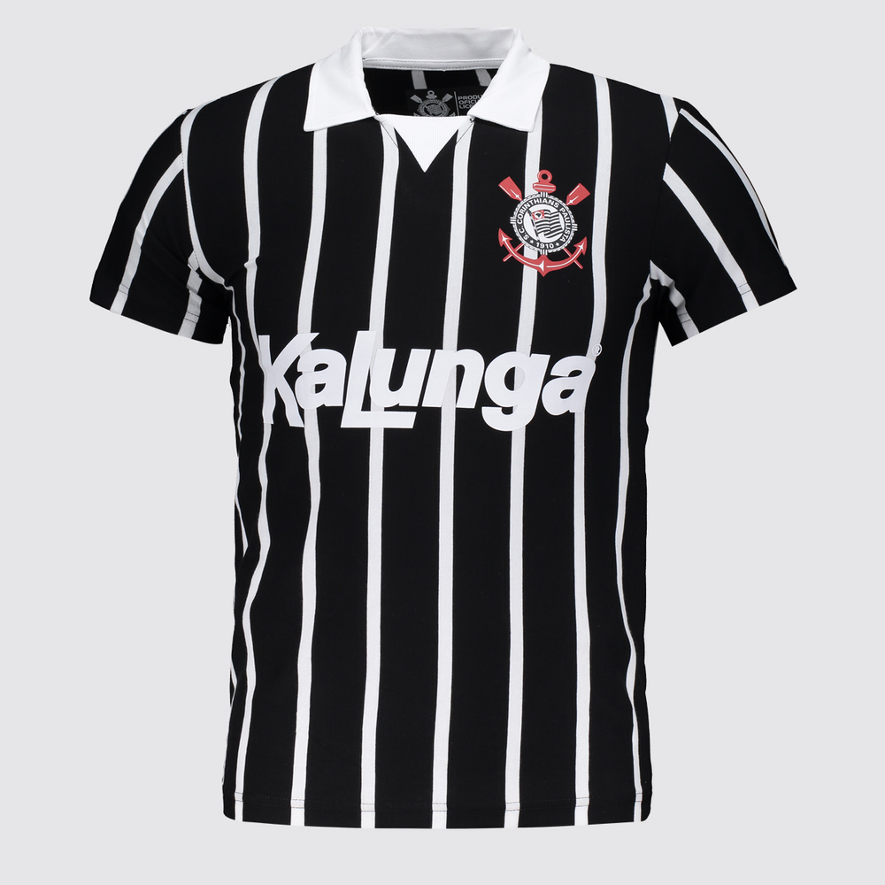 Polo Corinthians Retrô Kalunga Juvenil Preta e Branca Polo Corinthians Retrô Kalunga Juvenil Preta e Branca