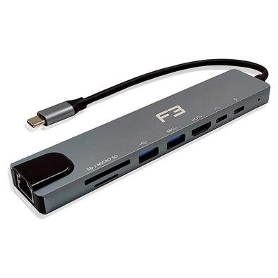 Hub F3 Adaptador Type-c 8 em 1, para HDMI, Type-c, USB 3.0, USB 2.0, Micro SD SDe LAN - JC-TYC-860 Hub F3 Adaptador Type-c 8 em 1, para HDMI, Type-c, USB 3.0, USB 2.0, Micro SD SDe LAN - JC-TYC-860