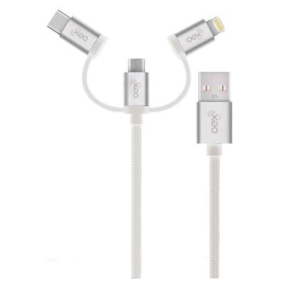 Cabo Trio OEX CE301, USB Com Conectores Micro USB, Type-C E Lightning em Nylon Trançado, 1 Metro, Cinza - 500074 Cabo Trio OEX CE301, USB Com Conectores Micro USB, Type-C E Lightning em Nylon Trançado, 1 Metro, Cinza - 500074