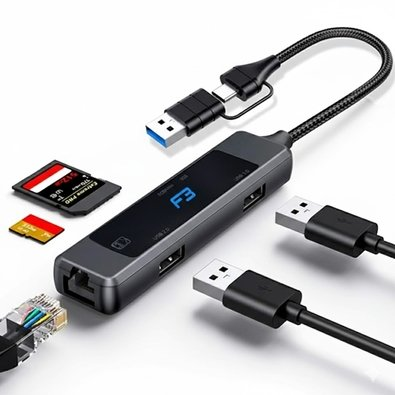 HUB F3 USB-C/A 3.0, para 1x USB 3.0, 1x USB 2.0, Ethernet, Cartão SD e MicroSD - JC-TYC-R04 HUB F3 USB-C/A 3.0, para 1x USB 3.0, 1x USB 2.0, Ethernet, Cartão SD e MicroSD - JC-TYC-R04