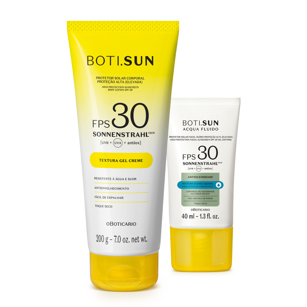 Combo Boti.Sun: Protetor Solar Gel Creme FPS 30 200g + Protetor Solar Facial Antioleosidade FPS 30 40ml Combo Boti.Sun: Protetor Solar Gel Creme FPS 30 200g + Protetor Solar Facial Antioleosidade FPS 30 40ml