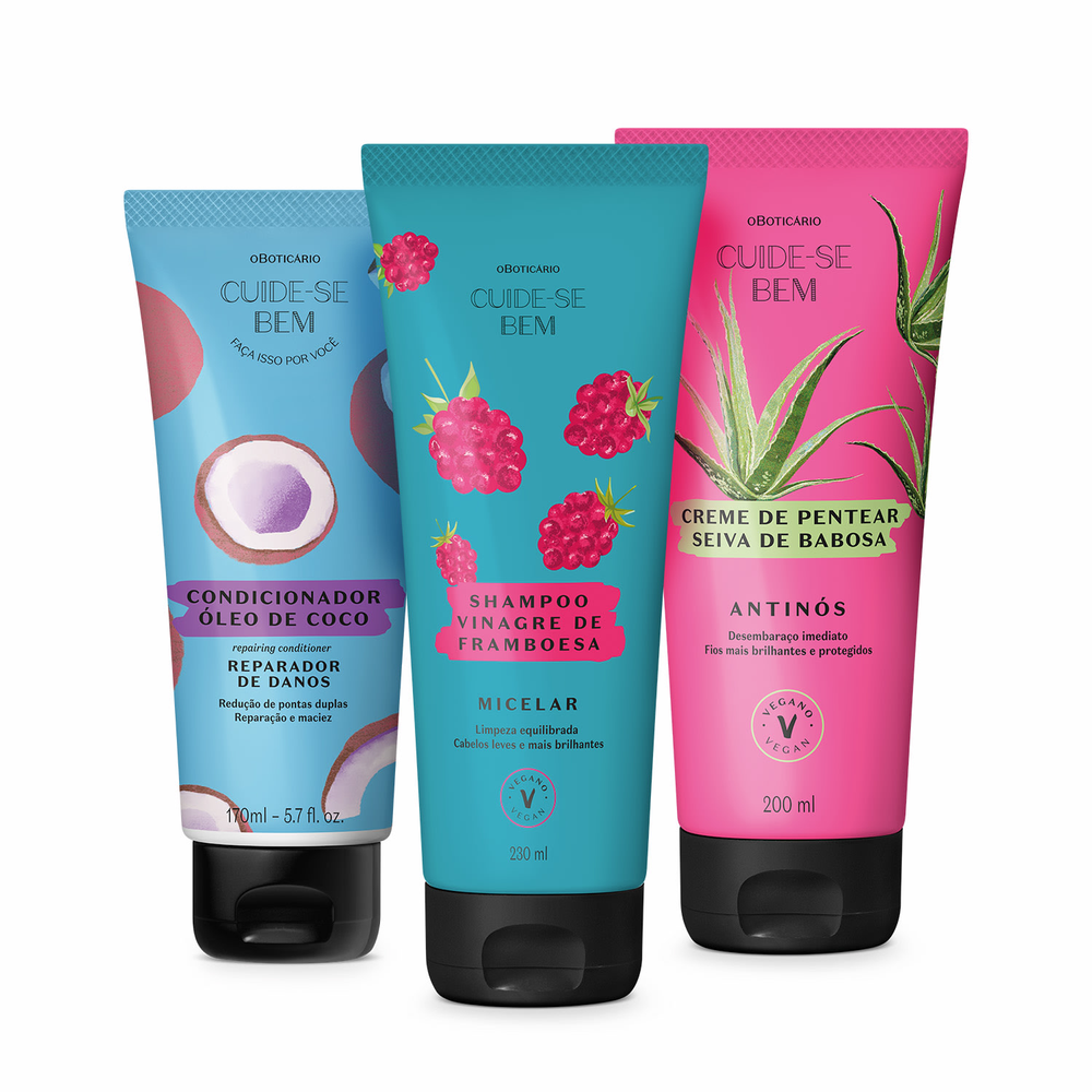 Combo Cuide-se Bem Feira Misturinha: Shampoo Vinagre de Framboesa 230ml + Condicionador Óleo de Coco 170ml + Creme de Pentear Seiva de Babosa 200ml Combo Cuide-se Bem Feira Misturinha: Shampoo Vinagre de Framboesa 230ml + Condicionador Óleo de Coco 170ml + Creme de Pentear Seiva de Babosa 200ml