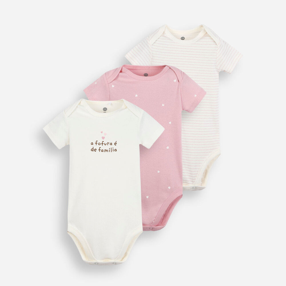 Kit de 3 bodies infantil de algodão estampado colorido Kit de 3 bodies infantil de algodão estampado colorido