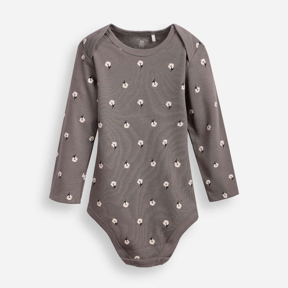 Body infantil de algodão manga longa floral cinza Body infantil de algodão manga longa floral cinza