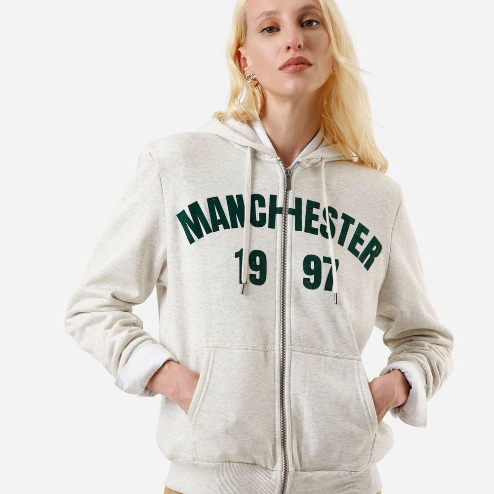 Blusão feminino de moletom com capuz e zíper estampado cinza Blusão feminino de moletom com capuz e zíper estampado cinza