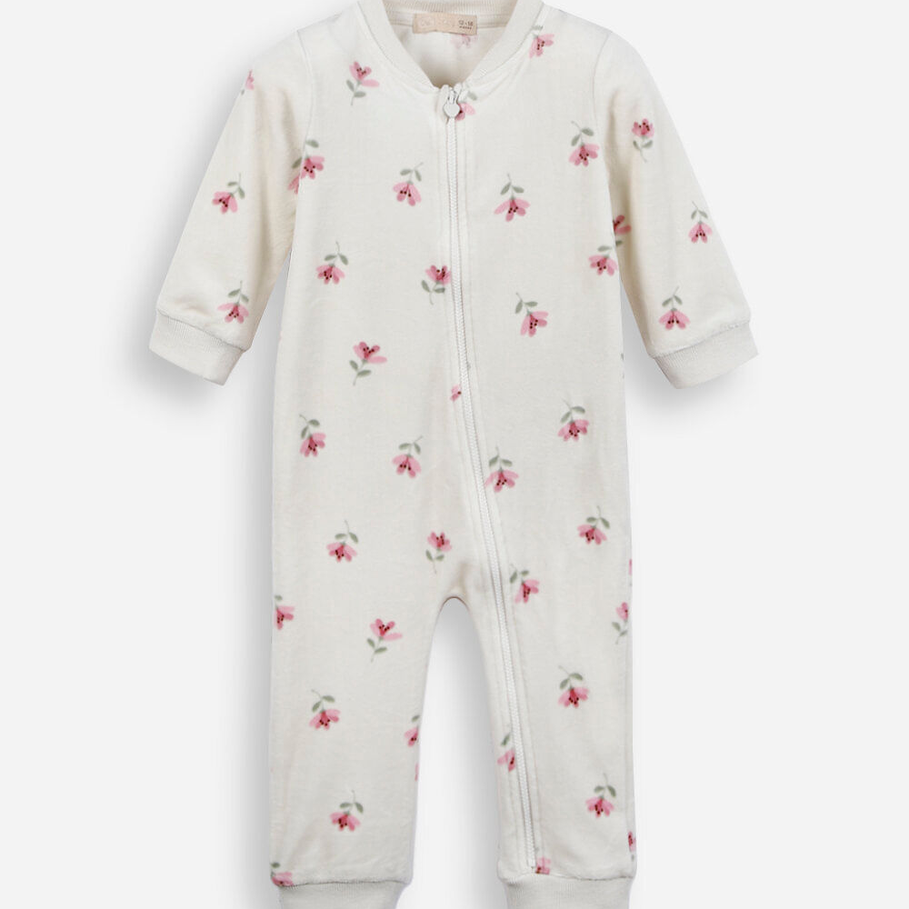 Macacão longo infantil de plush floral bege Macacão longo infantil de plush floral bege