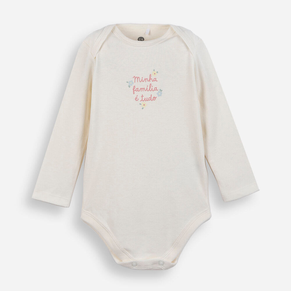 Body infantil de algodão minha família é tudo off white Body infantil de algodão minha família é tudo off white