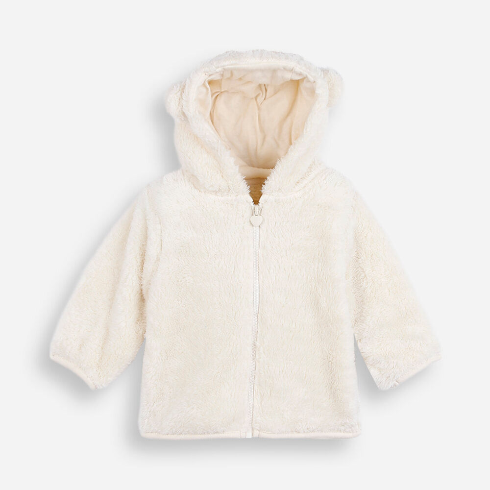 Casaco infantil de pelúcia com capuz off white Casaco infantil de pelúcia com capuz off white