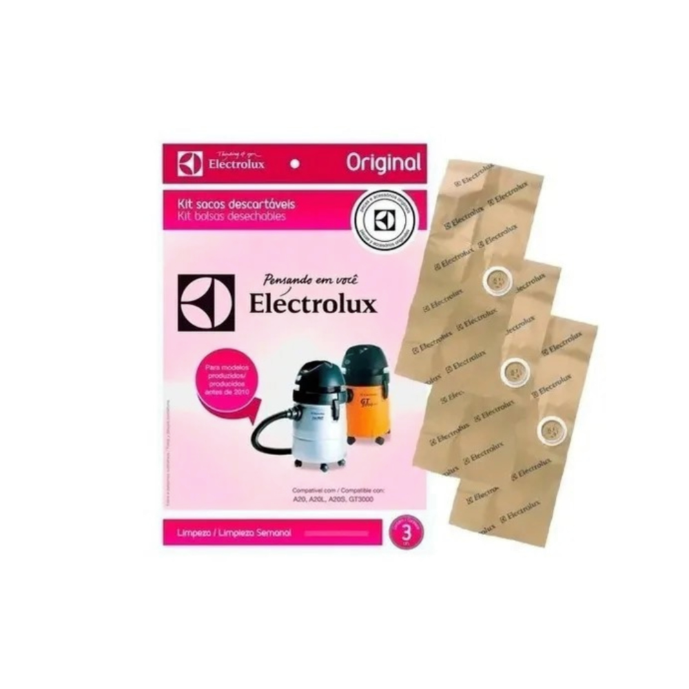 Saco para Aspirador de Pó Electrolux Kit com 3 Unidades A20/GT2000/3000/200 Saco para Aspirador de Pó Electrolux Kit com 3 Unidades A20/GT2000/3000/200