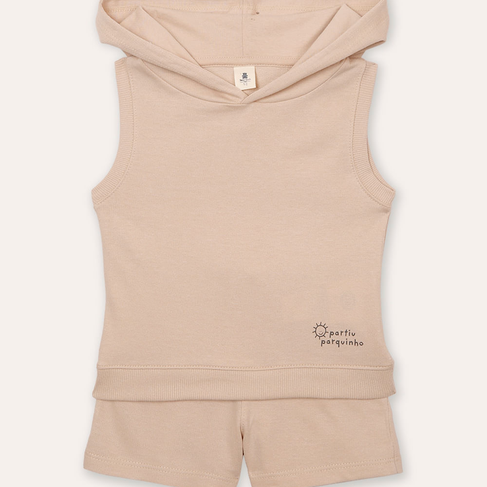 Conjunto infantil curto com capuz partiu parquinho bege Conjunto infantil curto com capuz partiu parquinho bege