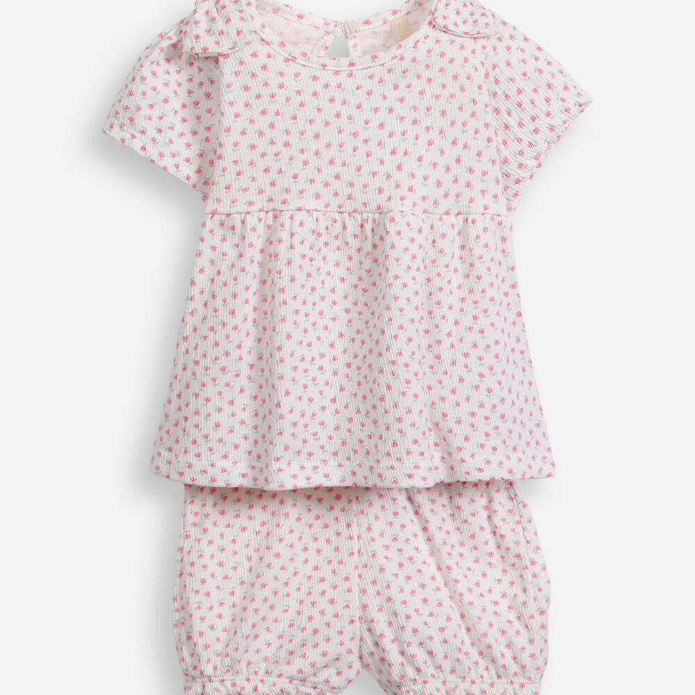 Conjunto infantil laços no ombro floral off white Conjunto infantil laços no ombro floral off white