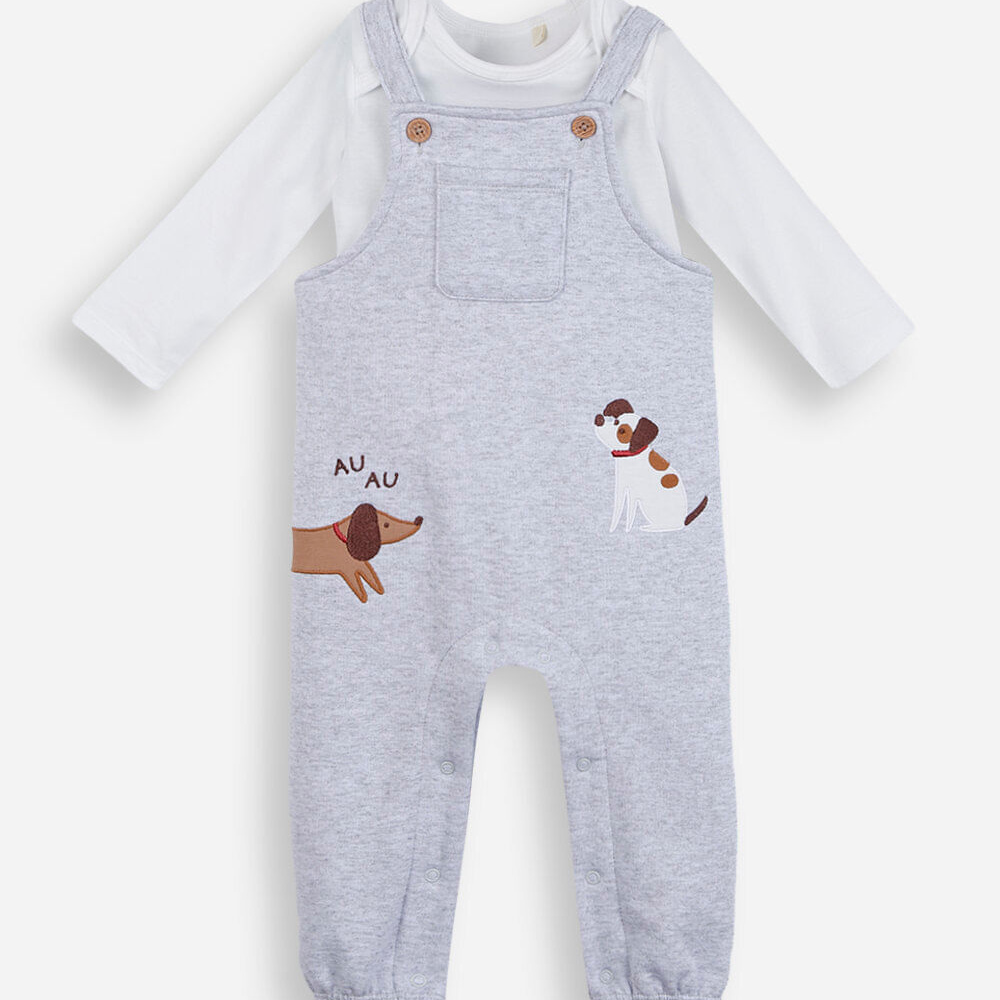 Jardineira infantil com bordado e camiseta cinza Jardineira infantil com bordado e camiseta cinza