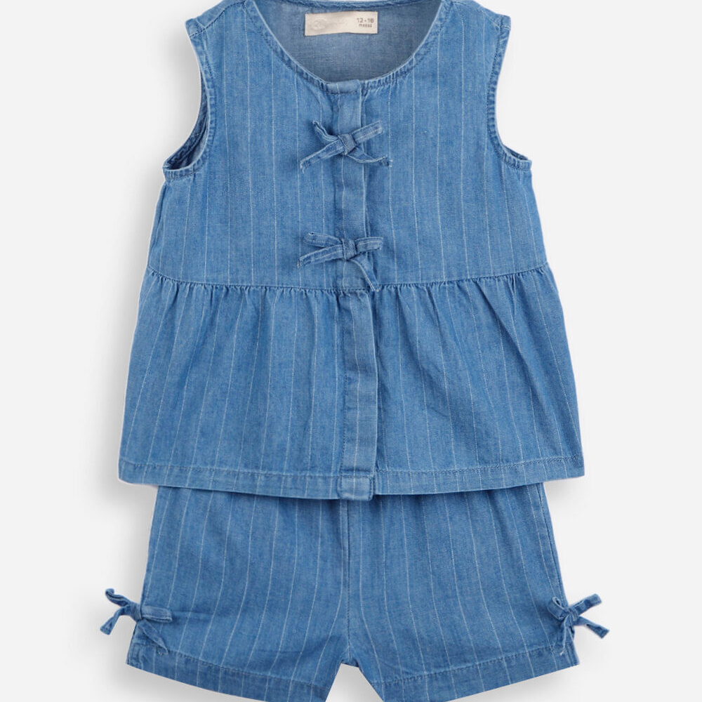Conjunto curto infantil jeans listrado azul Conjunto curto infantil jeans listrado azul