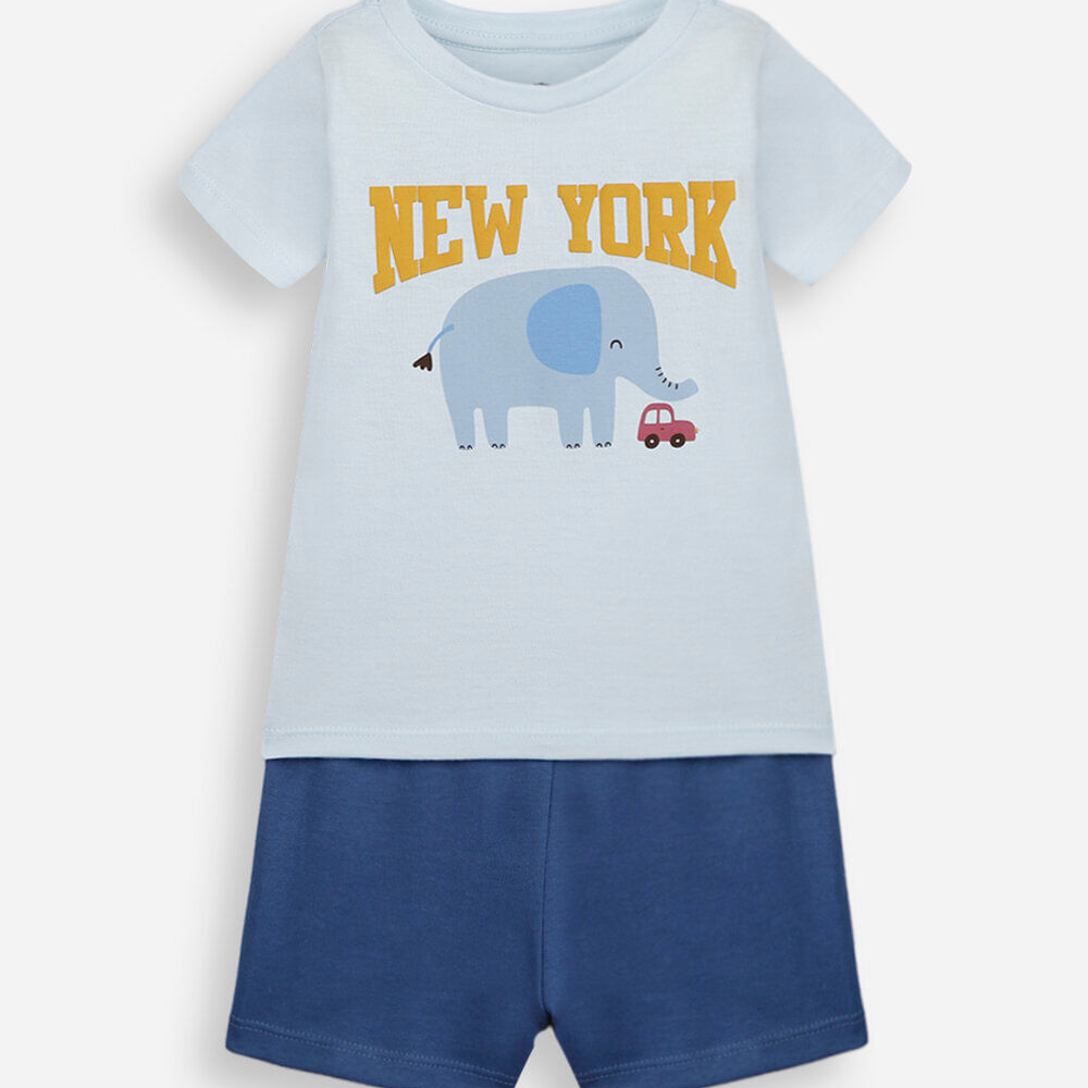 Conjunto curto infantil de algodão estampado azul Conjunto curto infantil de algodão estampado azul