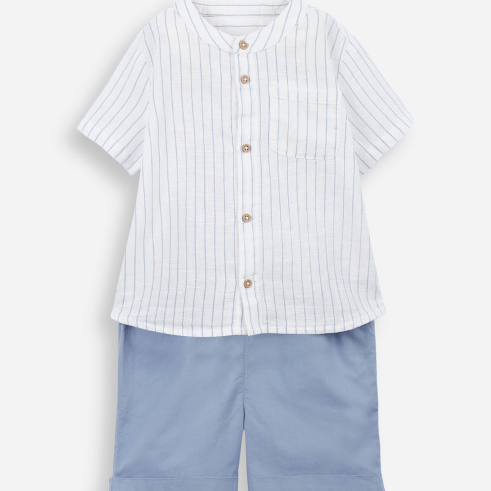 Conjunto curto infantil de algodão listrado azul Conjunto curto infantil de algodão listrado azul