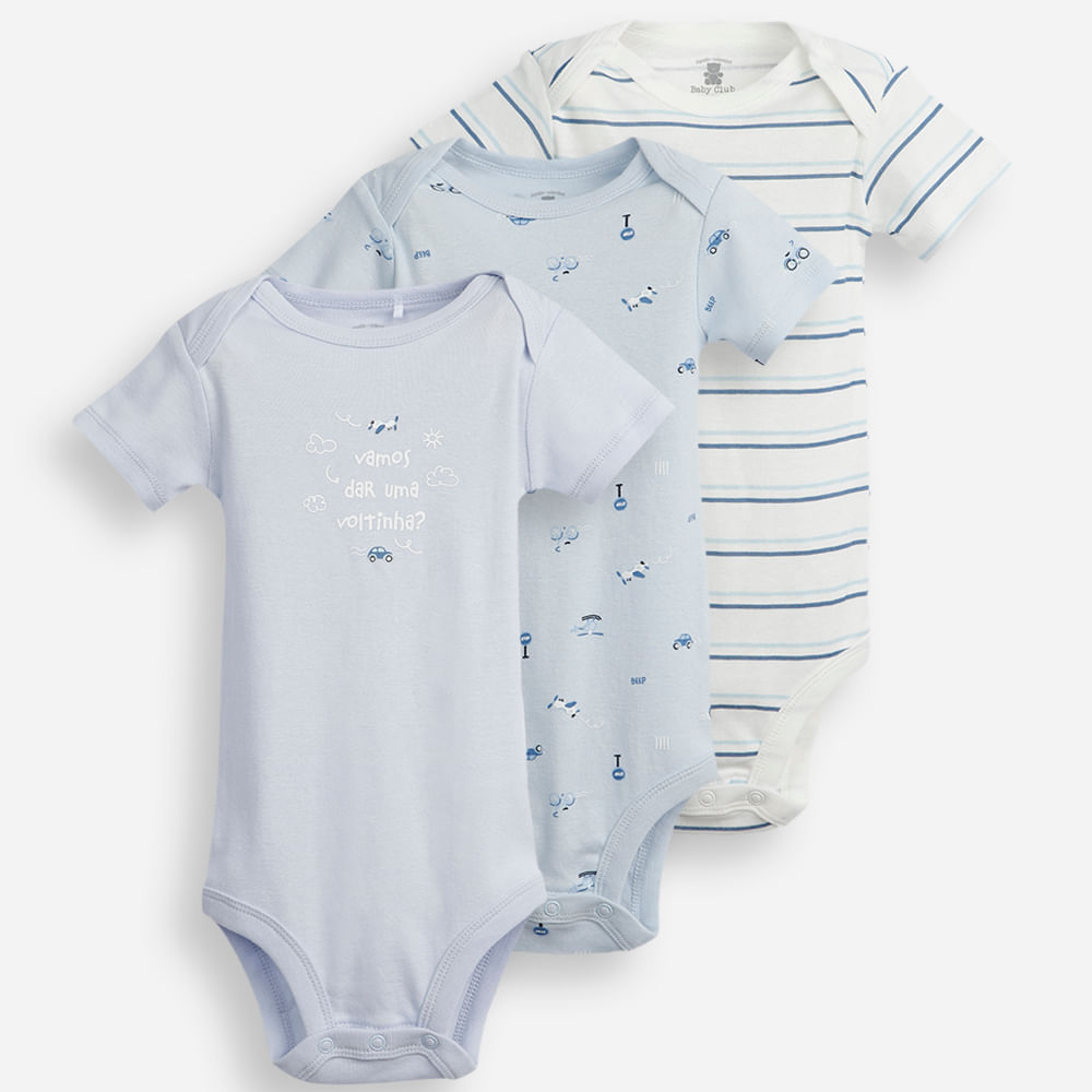 Kit de 3 bodies infantis de algodão estampados coloridos Kit de 3 bodies infantis de algodão estampados coloridos
