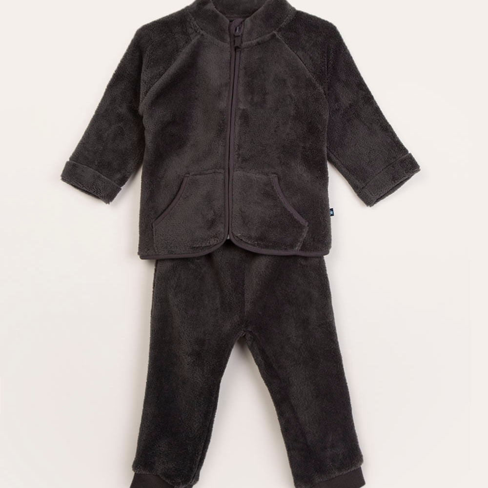 Conjunto infantil jaqueta de pelúcia + calça cinza escuro Conjunto infantil jaqueta de pelúcia + calça cinza escuro