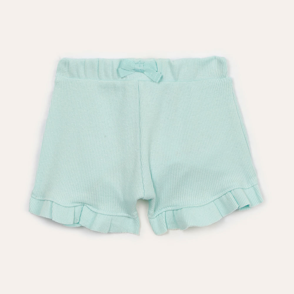 Short de algodão infantil canelado com babado verde Short de algodão infantil canelado com babado verde