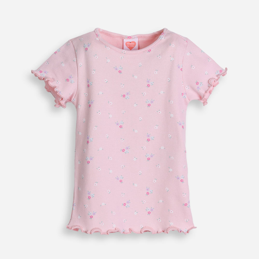 Camiseta de algodão infantil com frufru floral rosa Camiseta de algodão infantil com frufru floral rosa