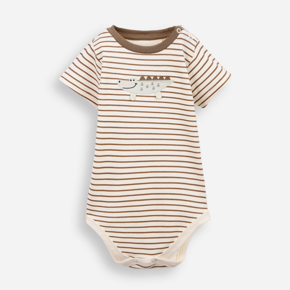 Body infantil de algodão bordado jacaré listrado bege Body infantil de algodão bordado jacaré listrado bege