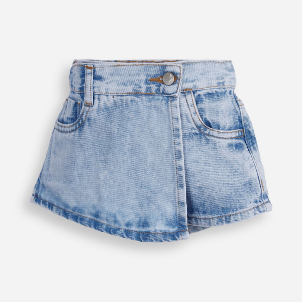 Short saia jeans infantil transpassado marmorizado azul Short saia jeans infantil transpassado marmorizado azul