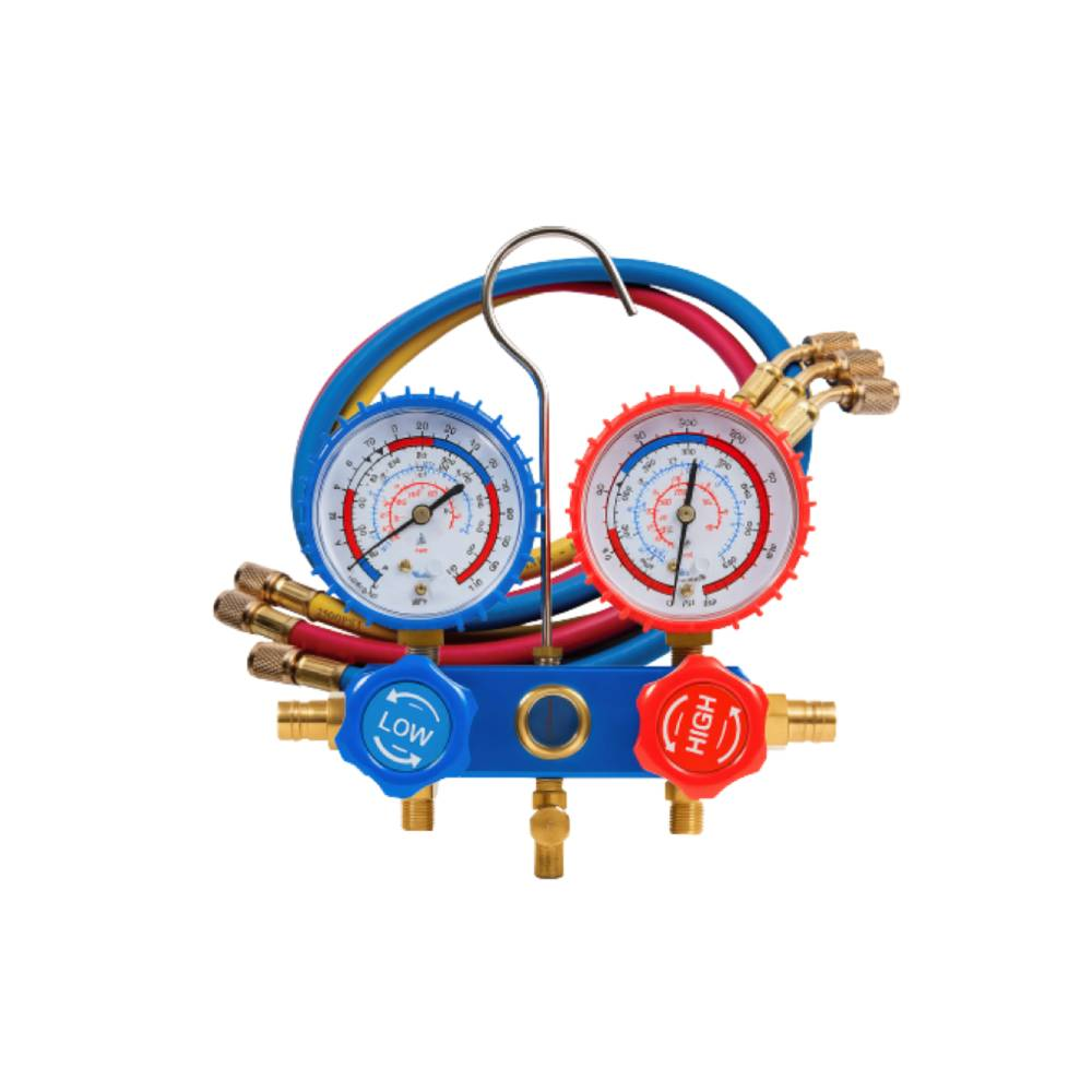 Kit Manifold com Visor e Jogo de Mangueiras 1/4 pol 90cm para R22/R134/R404/R410 Hulter HT5MF-GERALF Kit Manifold com Visor e Jogo de Mangueiras 1/4 pol 90cm para R22/R134/R404/R410 Hulter HT5MF-GERALF