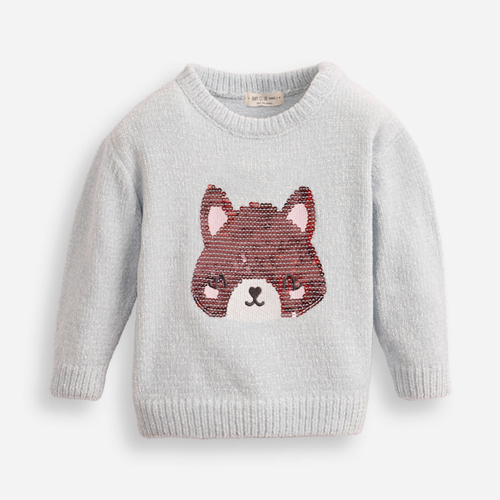 Suéter de tricot infantil ursinho de paetê azul Suéter de tricot infantil ursinho de paetê azul