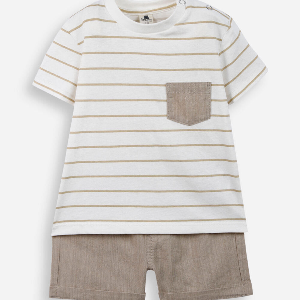 Conjunto baby camiseta listrada e short bege Conjunto baby camiseta listrada e short bege