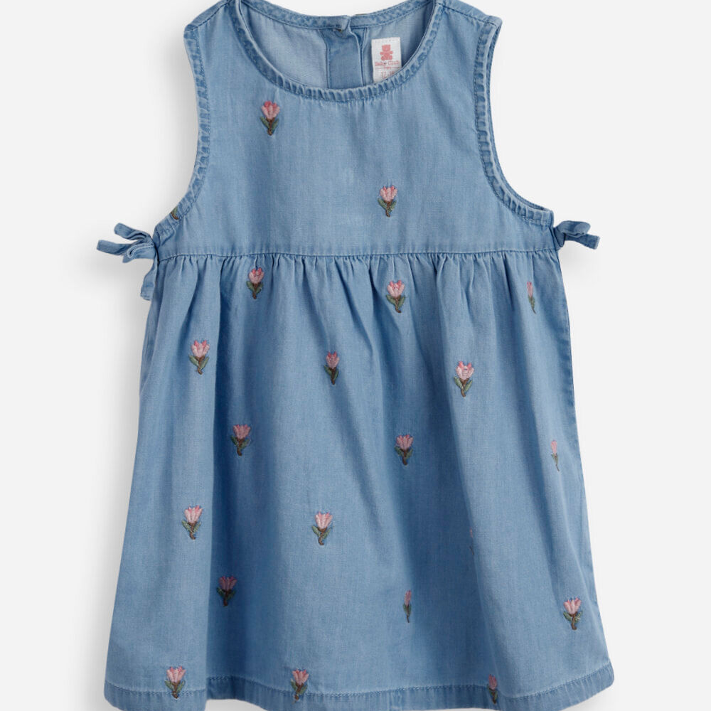 Vestido infantil jeans bordado floral azul Vestido infantil jeans bordado floral azul