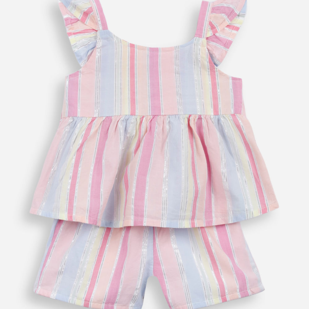 Conjunto curto infantil de algodão com lurex listrado colorido Conjunto curto infantil de algodão com lurex listrado colorido