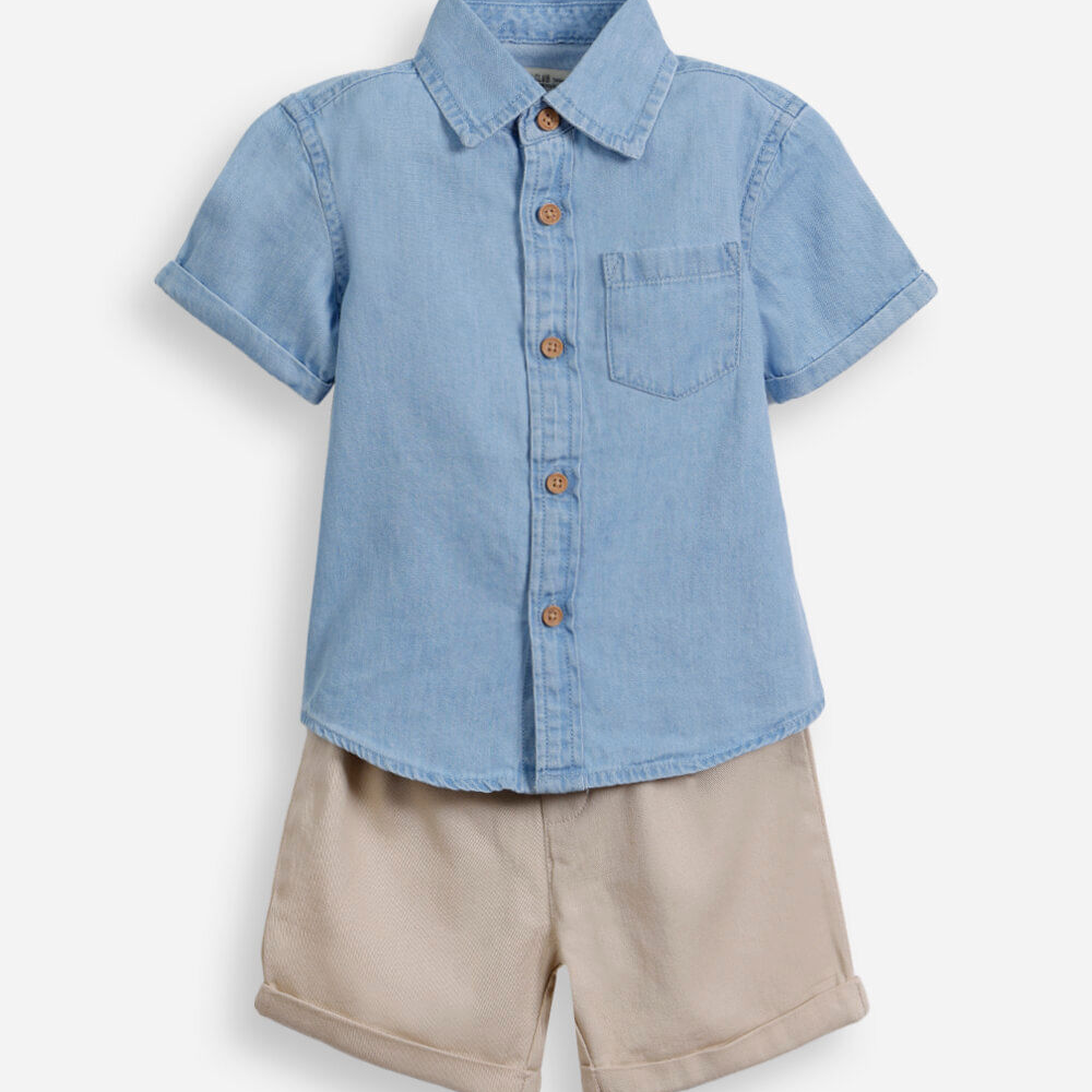 Conjunto infantil camisa jeans e bermuda azul
