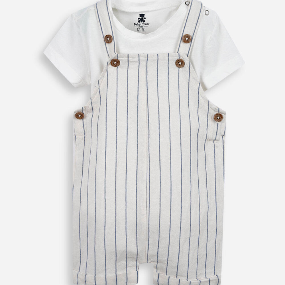 Jardineira infantil de algodão listrada off white