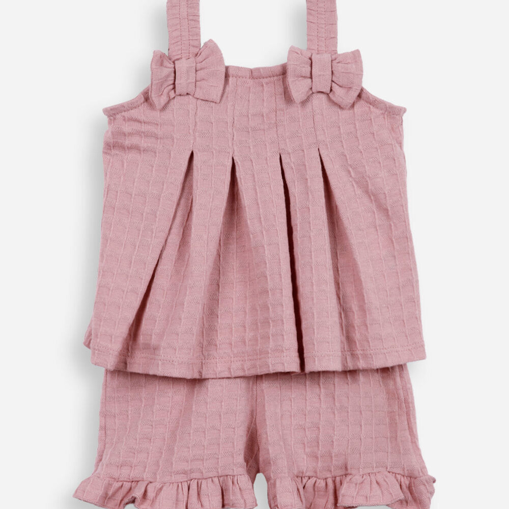 Conjunto curto infantil de algodão com laço texturizado rosa