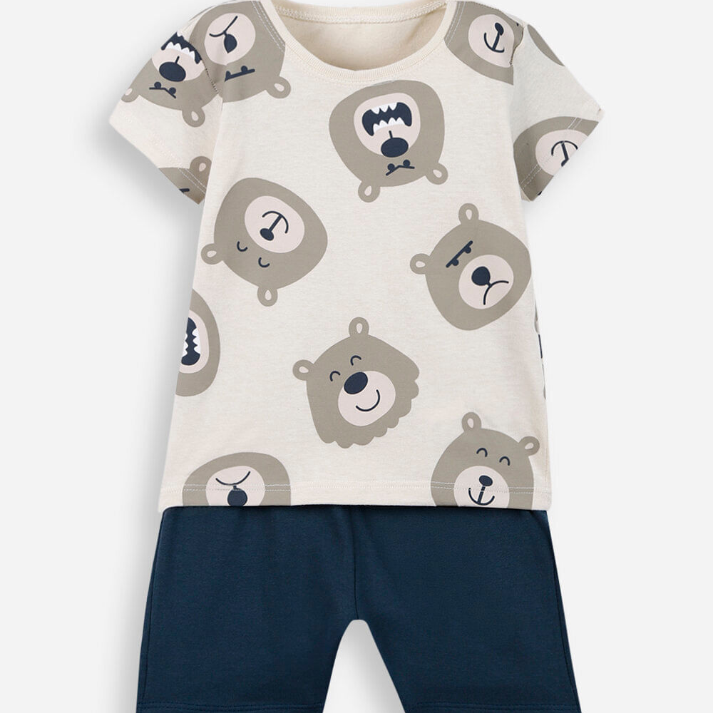 Conjunto curto infantil de algodão ursinho bege