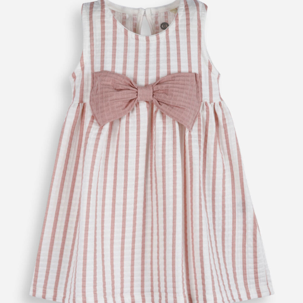 Vestido infantil de algodão texturizado listrado rosa Vestido infantil de algodão texturizado listrado rosa