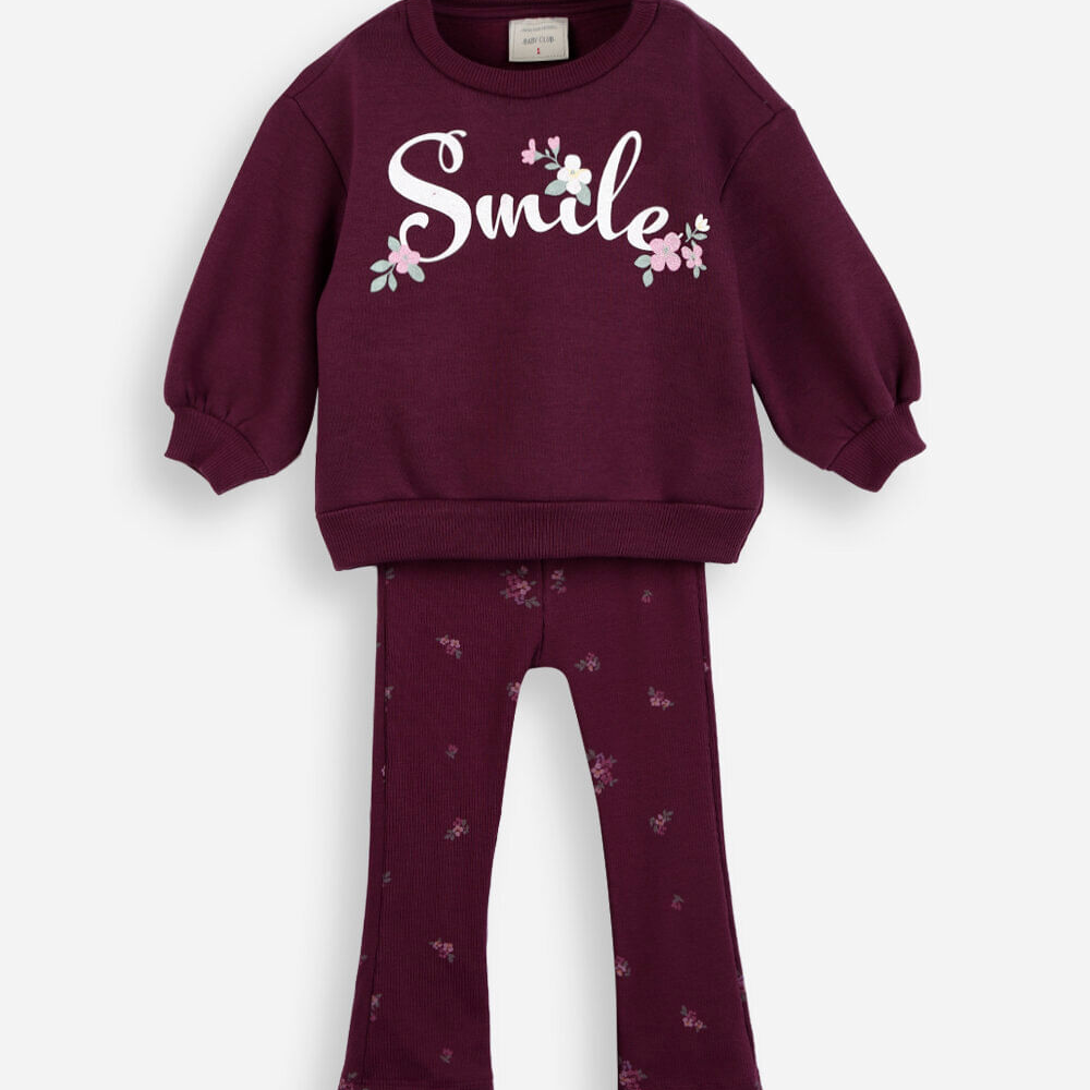 Conjunto de moletom infantil smile vinho