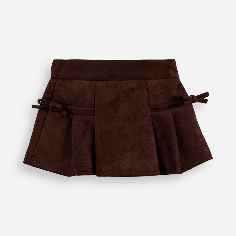Short saia infantil de suede com pregas e laços marrom