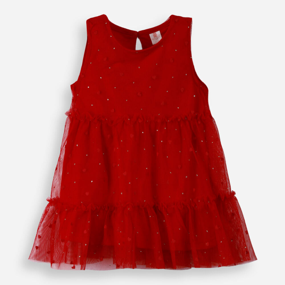 Vestido infantil de tule com corações vermelho