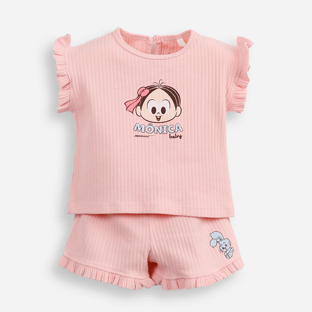 Conjunto infantil curto canelado turma da mônica rosa Conjunto infantil curto canelado turma da mônica rosa