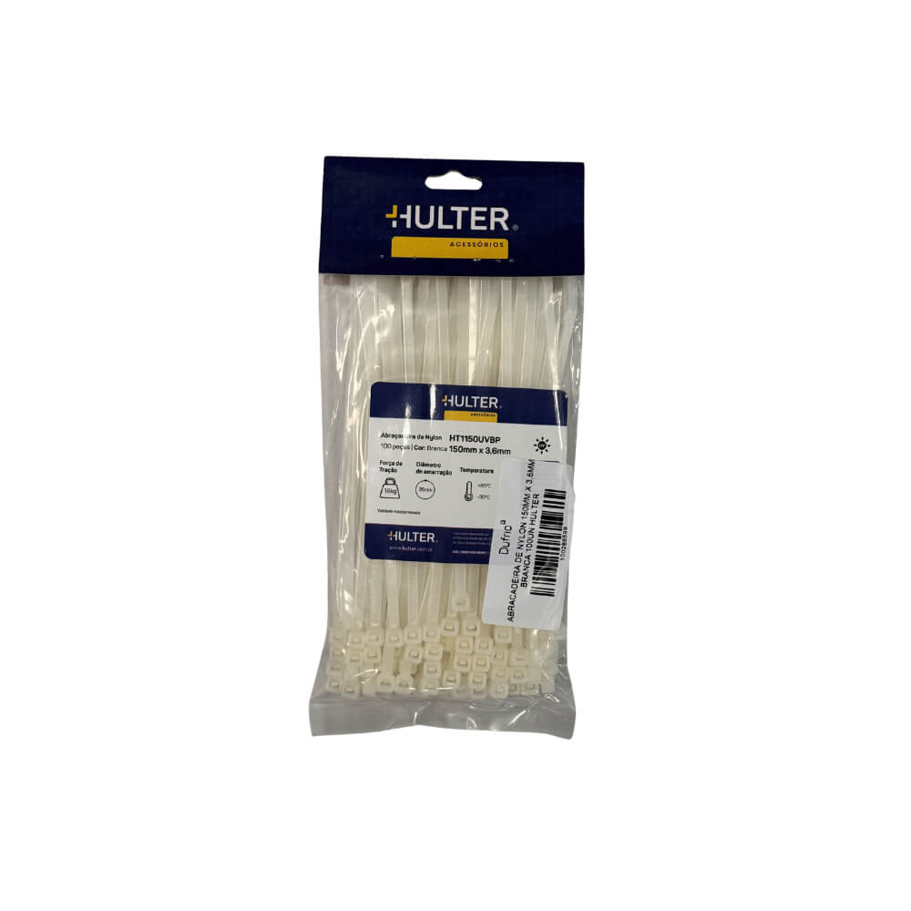 Abraçadeira Nylon 150mm X 0,36mm Branco 100 Un Hulter