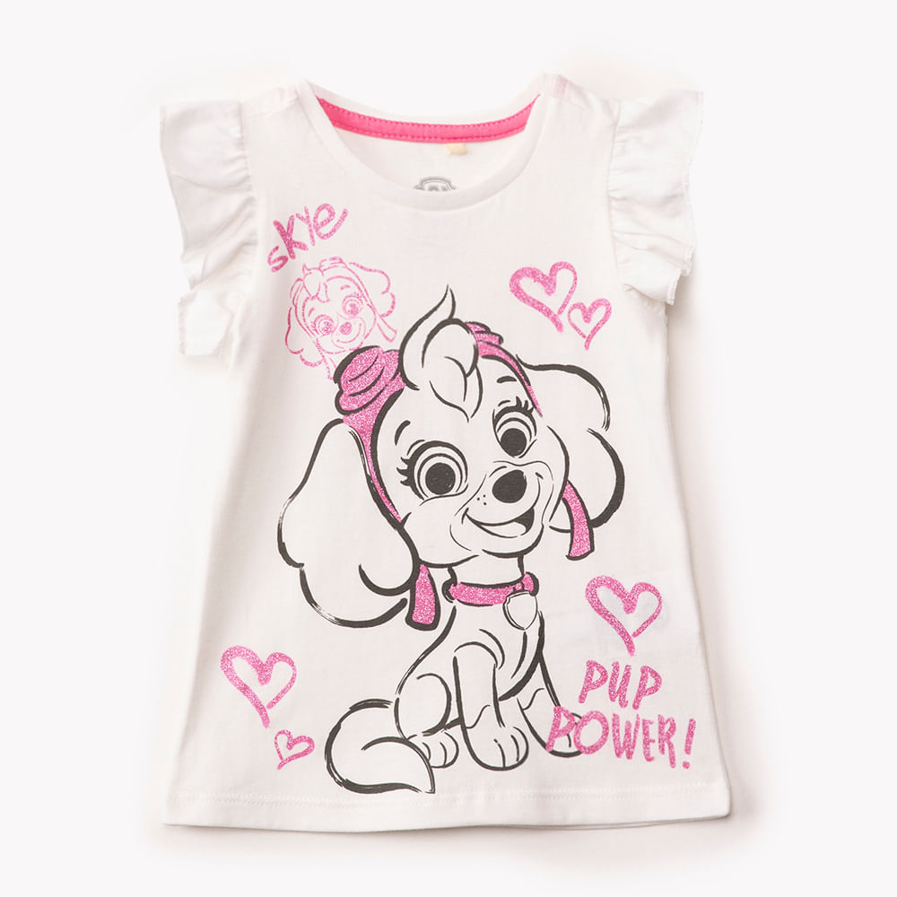 Blusa de algodão infantil Patrulha Canina manga curta com babado off white Blusa de algodão infantil Patrulha Canina manga curta com babado off white
