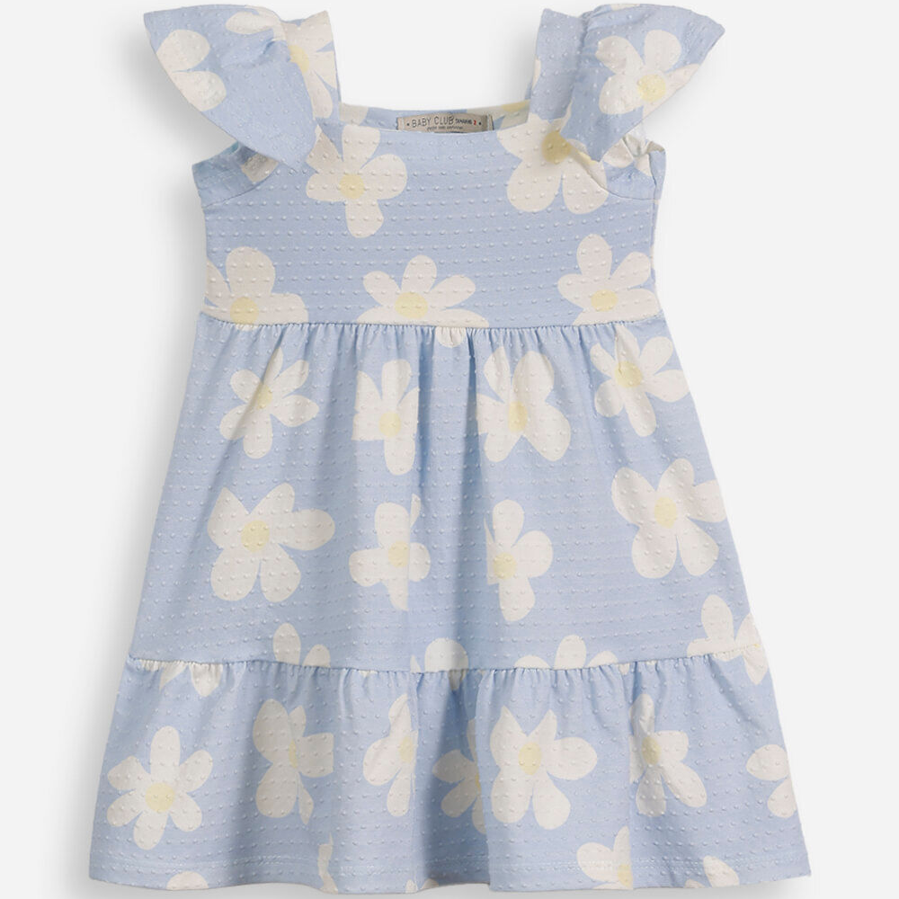 Vestido infantil de algodão com recorte floral texturizado azul Vestido infantil de algodão com recorte floral texturizado azul